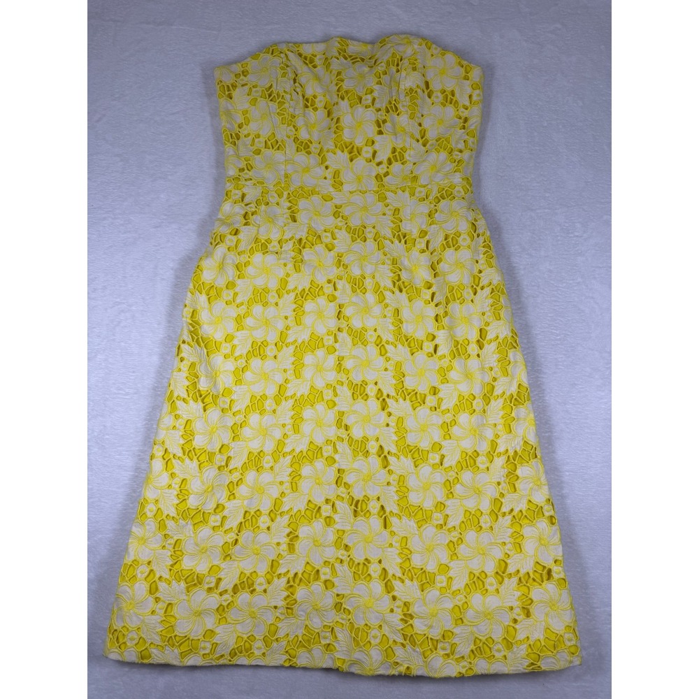 Lilly‎ Pulitzer Yellow Floral Eyelet Strapless Dress Women Size 10 Cotton